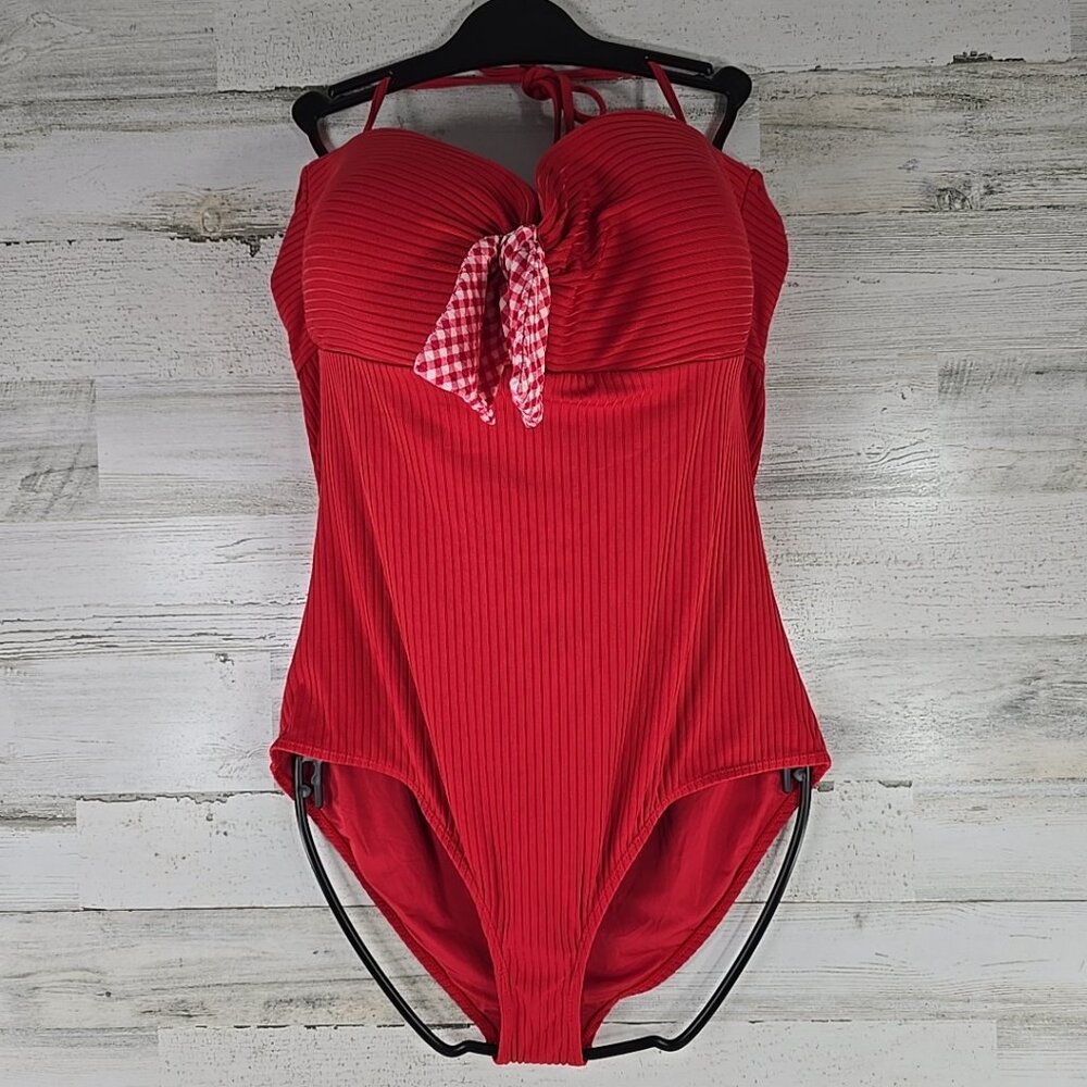 MATILDA JANE WOMEN'S SIZE XL Red Ribbed Halter-Style One Piece Swimsuit NO WIRE